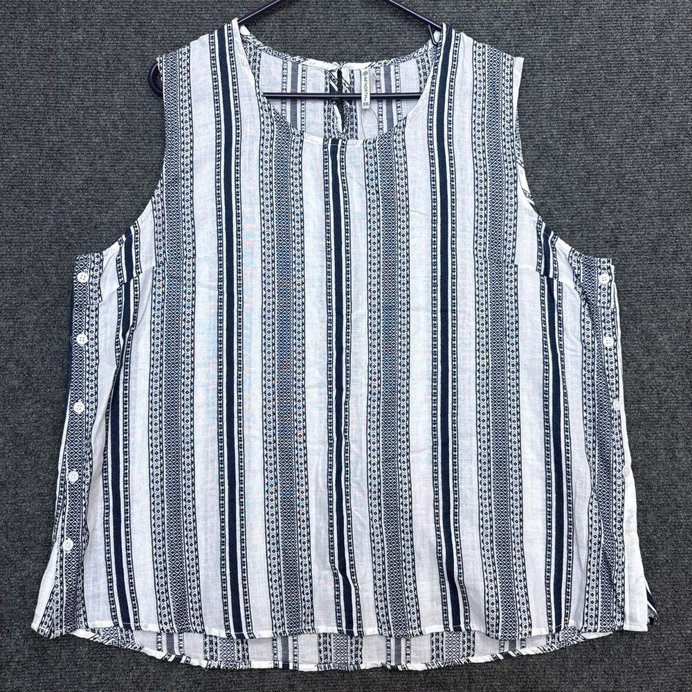 Cotton Sleeveless Summer Blouse Navy Nautical Stripes Button White Coastal XXL